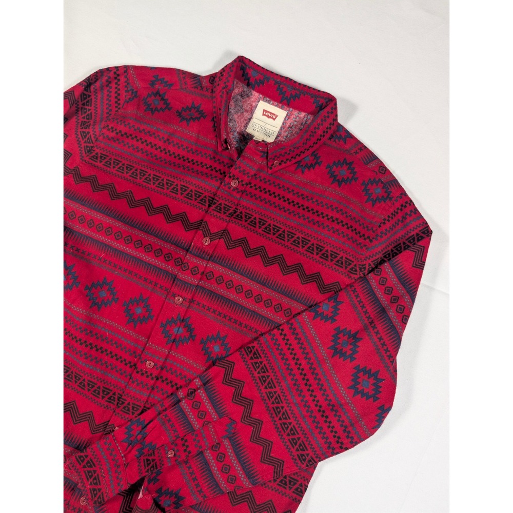 Levi's Button Down Mens L Red Southwestern Geometric Print Cotton Flannel Shirt